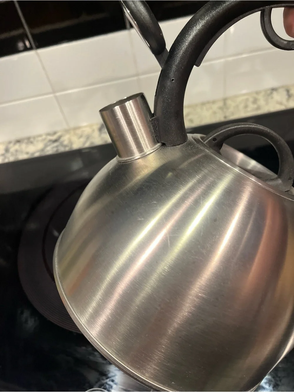 Copco Brushed Stainless Steel Whistling Kettle with Black Handle NWT
